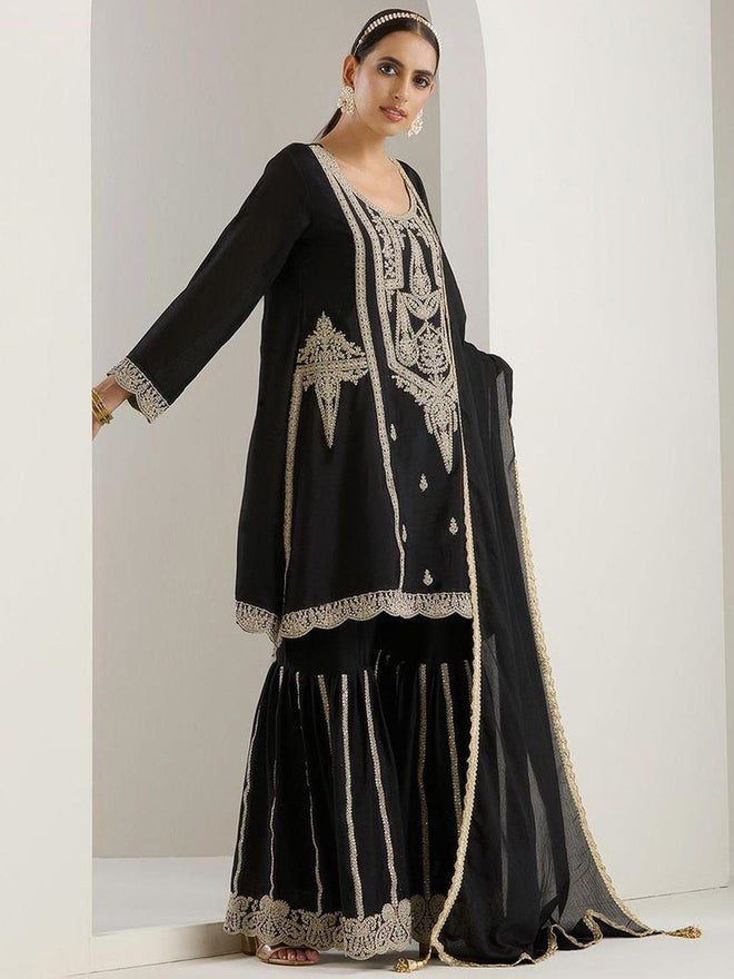 ISHIN 3-Piece Chinon Zari Embroidered Kurta, Sharara and Tassel Dupatta Set - Image 3